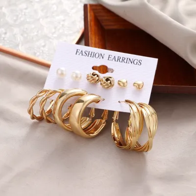Vintage Geometric Hoop Earrings With Studs (6 pairs)
